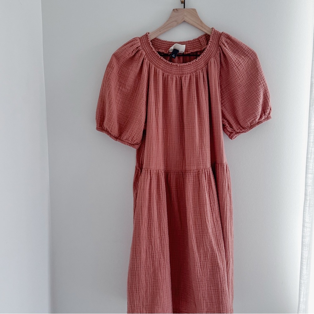 Mauve Rust Gauze Puff Sleeve Midi Dress